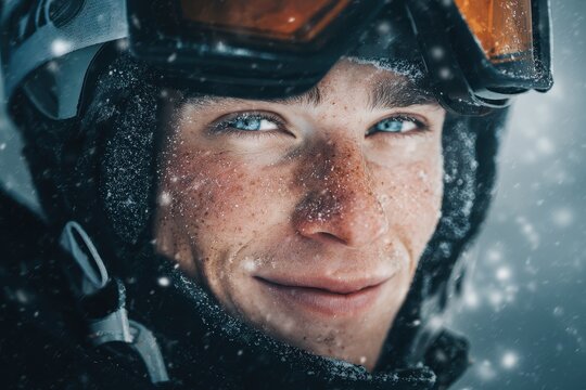Happy male skier enjoying a winter day in the Alps, surrounded by snowy landscapes and vibrant mountain scenery - Powered by Adobe