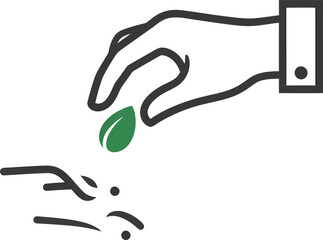 Fototapeta premium A large hand in a suit sleeve carefully drops a green leaf into a smaller hand, symbolizing growth.