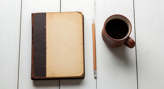 A vintage book, a simple pencil, and a cup of black coffee arranged on a white wooden surface.