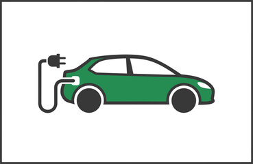 Naklejka premium A simple icon of a green electric car connected to a charging cable and plug, representing EV technology.