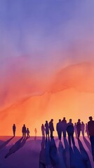 A Close-up Shot of a Abstract watercolor silhouettes of diverse people facing forward