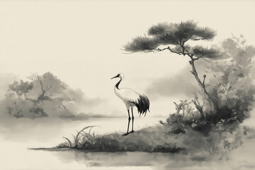 Minimalist sumi-e ink painting of a single crane beside a peaceful river, traditional Japanese brush technique in monochrome with soft gray gradient accent