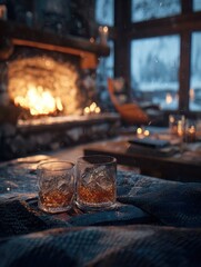 alcohol consumption at a snowy mountain lodge with hot toddies crackling fire and cozy blankets featuring warmth and relaxation
