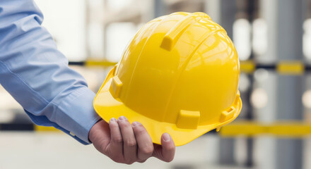 Hand Holding Yellow Hard Hat Safety Equipment for Construction Work