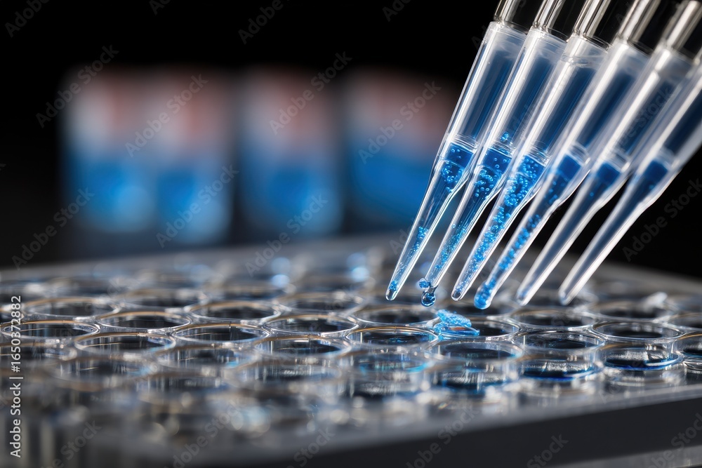 Aufkleber macro shot displaying multiple pipette tips releasing liquid into a multi-well plate, illustrating p