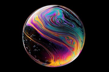 Glowing rainbow glossy sphere with vibrant swirling colors and bubbles illuminated against a black background