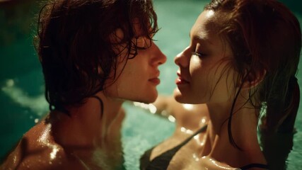 Romantic moment, A young couple embracing in a pool at night, sharing a kiss and love - Powered by Adobe
