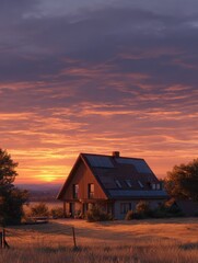 Fototapeta premium haus mit solardach bei sonnenaufgang