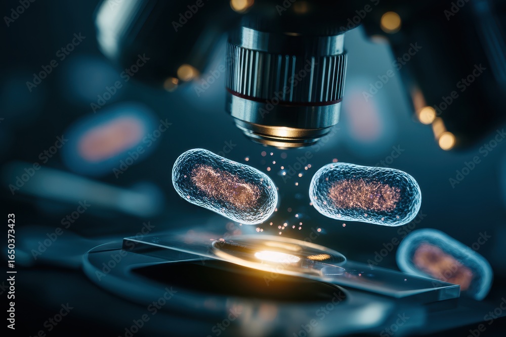 Poster close up view through microscope showcasing microorganisms in detail during a laboratory research se