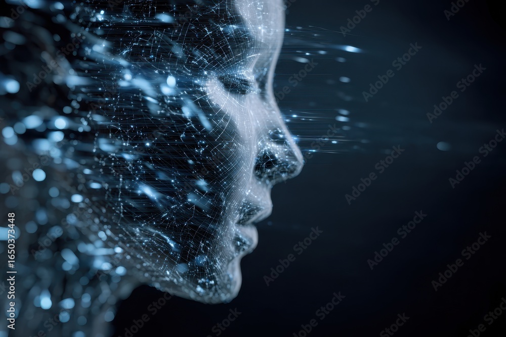 Poster virtual representation of artificial intelligence exhibiting dynamic data flow and human-like featur