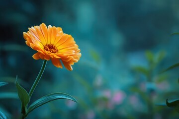 Bright marigold calendula flower stands out in lush green garden during a calm afternoon in summer