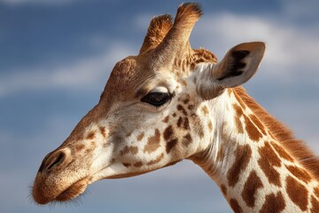 Fototapeta premium Closeup view of a realistic giraffe head showcasing intricate patterns against a blue sky during daylight in a natural habitat