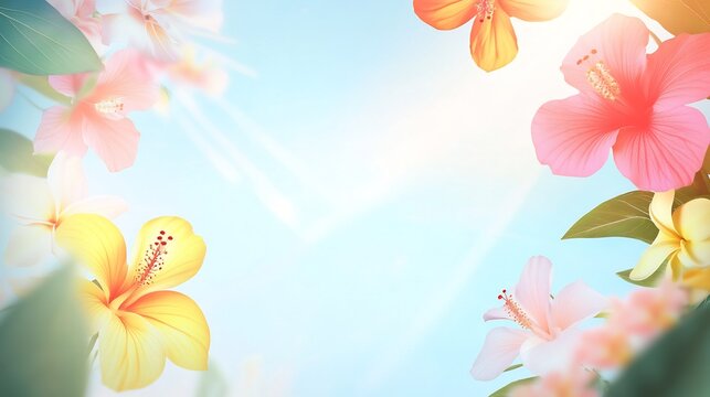 Fresh clean background featuring tropical flowers like hibiscus and plumeria set against a bright sunlit sky The design captures the essence of a beach themed event or vacation getaway