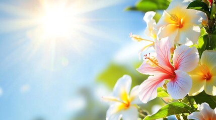 Fresh clean background featuring tropical flowers like hibiscus and plumeria set against a bright sunlit sky The design captures the essence of a beach themed event or vacation getaway
