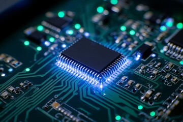 Close-up of a circuit board with a glowing chip (1)