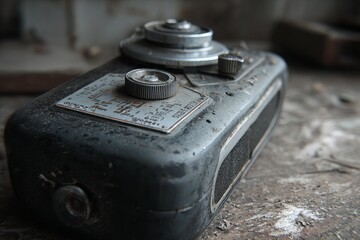Close-up of a dusty, aged, vintage camera on a weathered surface
