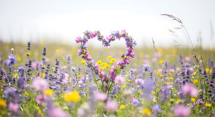 Heart shaped floral arrangement in a vibrant meadow with soft focus background and birds flying
