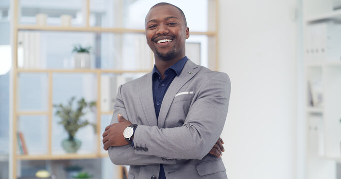 Portrait, employee and black man with arms crossed, office and financial analyst with career growth. Happy, accountant and person with ambition for business development, confident or smile in Nigeria