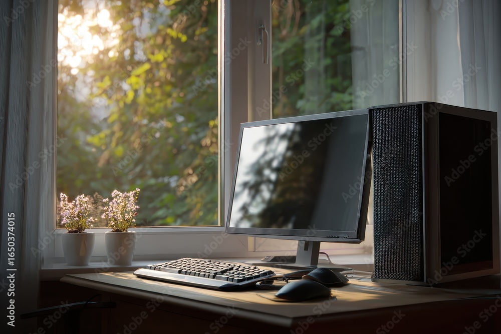 Poster desktop computer setup near a sunlit window with potted plants enhancing a tranquil workspace atmosp
