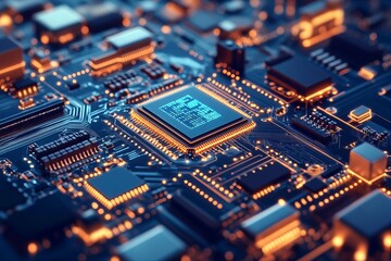 Fototapeta premium Close-up of glowing circuit board with processor (1)
