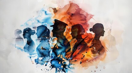 A Close-up Shot of a Watercolor silhouettes of a bustling cityscape with overlapping colors