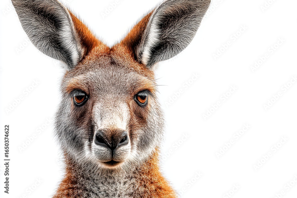 Poster Red kangaroo with striking features stands calmly against a white background showcasing its unique facial structure and soft fur texture