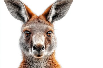 Fototapeta premium Red kangaroo with striking features stands calmly against a white background showcasing its unique facial structure and soft fur texture