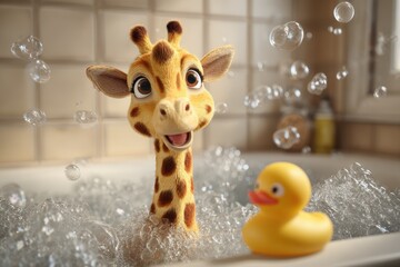 Cute cartoon giraffe enjoys a bubble bath with a yellow rubber duck in a cozy bathroom setting surrounded by playful bubbles and a warm atmosphere