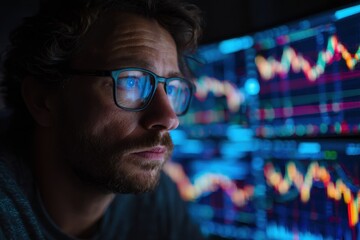 Man studies trading charts intently in a dimly lit room to analyze market trends and make informed investment decisions during the evening hours