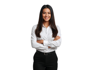 Confident professional woman with arms crossed isolated on transparent backdrop radiates poise and