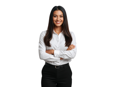Confident professional woman with arms crossed isolated on transparent backdrop radiates poise and