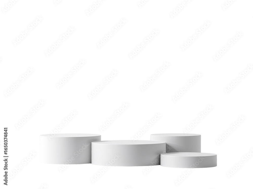 Poster minimalist presentation stage with white cylindrical platforms on isolated setting, creating a