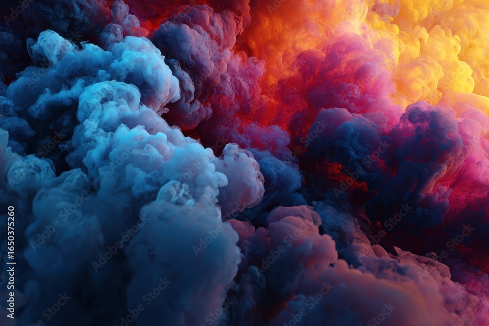 Poster vibrant abstract smoke formation with rich colors swirling together and creating a lively atmosphere