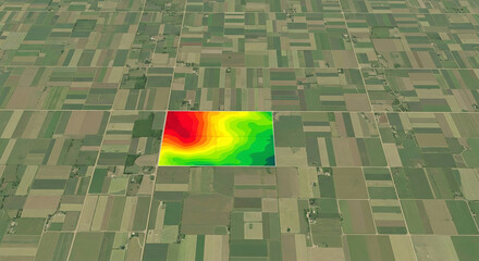 Precision agriculture and smart farming concept showing an aerial view of fields with a colorful data heatmap for crop analysis and yield prediction.