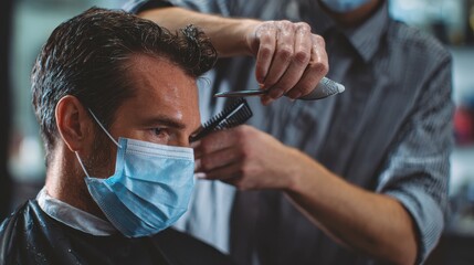 grooming hairdressing and health safety concept man and barber or hairdresser wearing face protective medical mask for protection from virus disease with trimmer and comb cutting hair at barbershop