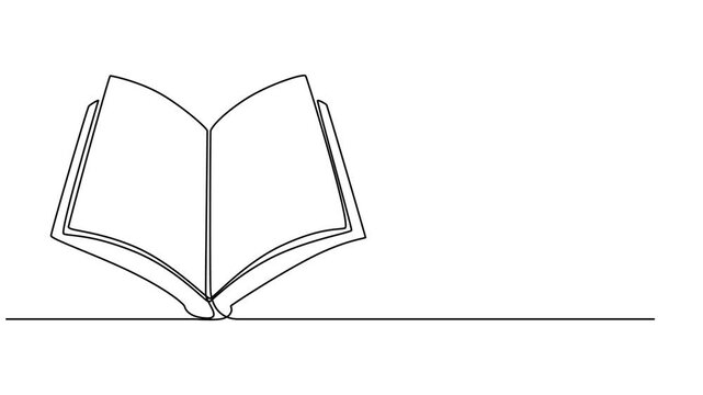 Animation of one line drawing of opened book. Continuous line self drawing. Animated illustration. 4K,  Education, relaxation or slow living concept. 4K animated video, Continuous drawing line art it.