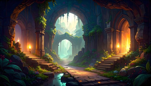 Explore an Ancient Realm's Enchanted Depths Mysterious Pathways and Majestic Arches Emerge from Overgrown Ruins, Illuminated by a Warm, Magical Glow Guiding Through a Forgotten World