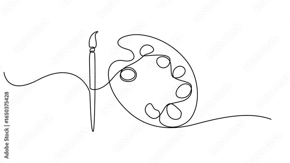 Poster continuous one line drawing animation of art palette with ink brush isolated on white background, co