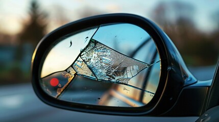 A cracked mirror reflecting a distorted image, hinting at the subjectivity of perception smart car