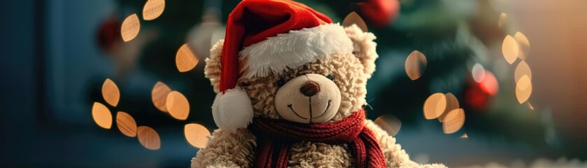 A cuddly teddy bear wearing a Santa hat and scarf, sitting under a Christmas tree