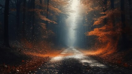 Ethereal Autumn Forest Path: Golden Leaves, Misty Light, and Atmospheric Depth