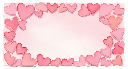 Soft pink watercolor heart border frame with empty space for text or design