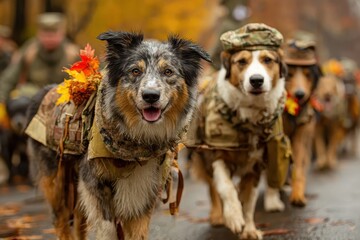 Heartfelt celebration of National Veterans Day features service dogs in military attire parading through an autumn landscape with vibrant fall foliage