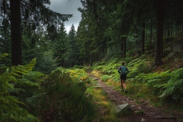 Trailrunning through the serene forests of Erzgebirge in Germany during a cloudy day