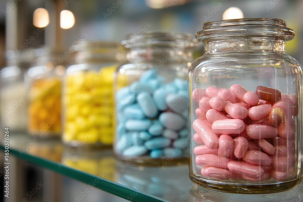 Poster colorful pills arranged in glass jars on display at a pharmacy showcasing various types and colors o