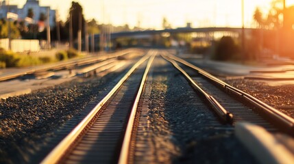 Fototapeta premium Golden hour train tracks. City in the background