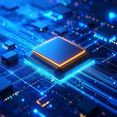 A central processing unit glows with blue light on a circuit board