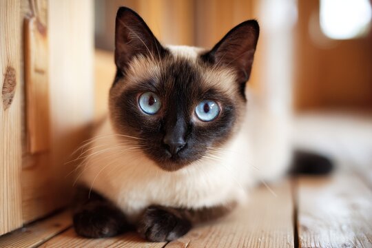 Bright-eyed Siamese cat lounging awkwardly on wooden floor, showcasing its unique coloration and inquisitive expression