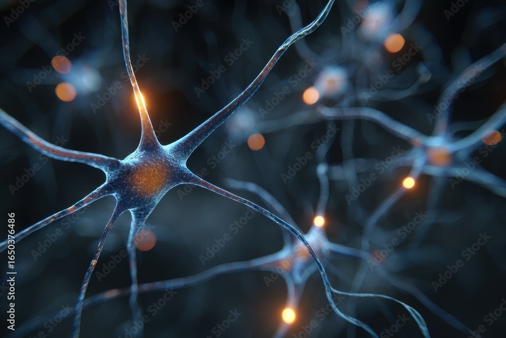 Poster digital representation of a glowing neuron network showcasing intricate connections and patterns hig