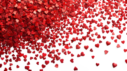 A lot of small red heart shapes scattered on transparent background as a symbol of love and valentines day